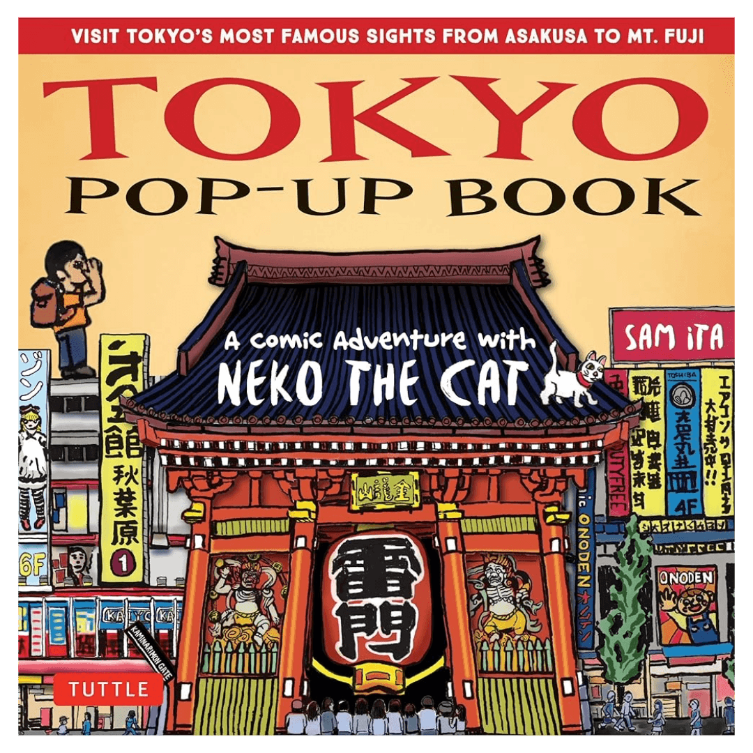 Cover of 'Tokyo Pop-Up Book' with a comic design featuring a cat on a traditional Japanese building.