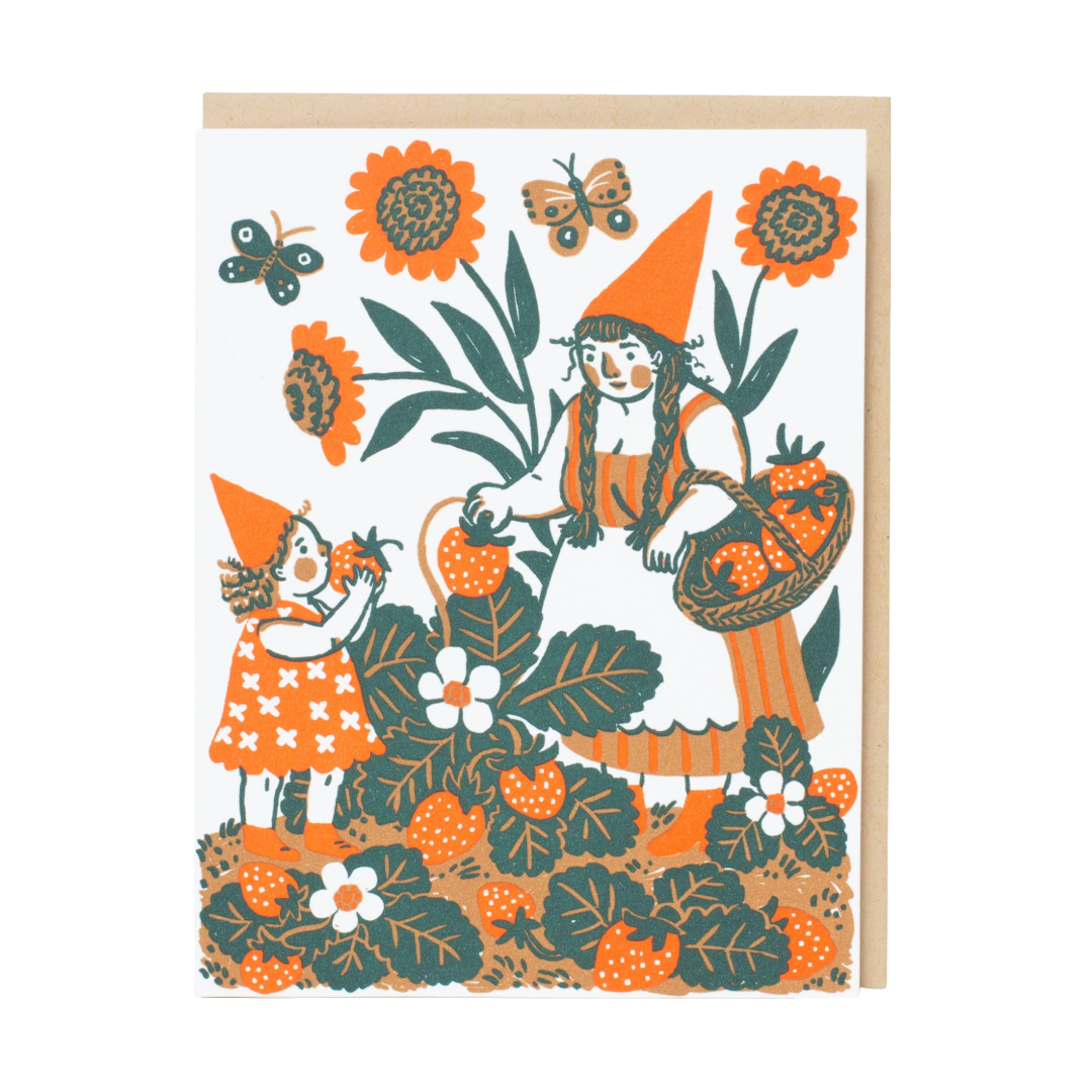 Strawberry Picking Gnome | Greeting Card
