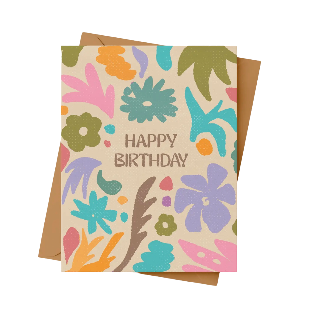 Colorful floral birthday card with 'Happy Birthday' text on a beige background