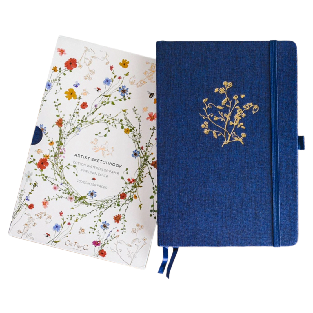 Navy Blue | Gold Floral Embossed Linen Sketchbook