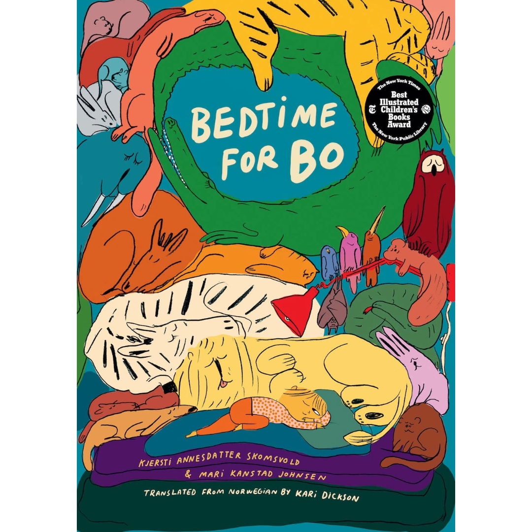 Book cover of 'Bedtime for Bo' with colorful illustrations of animals and a blue circle in the center.