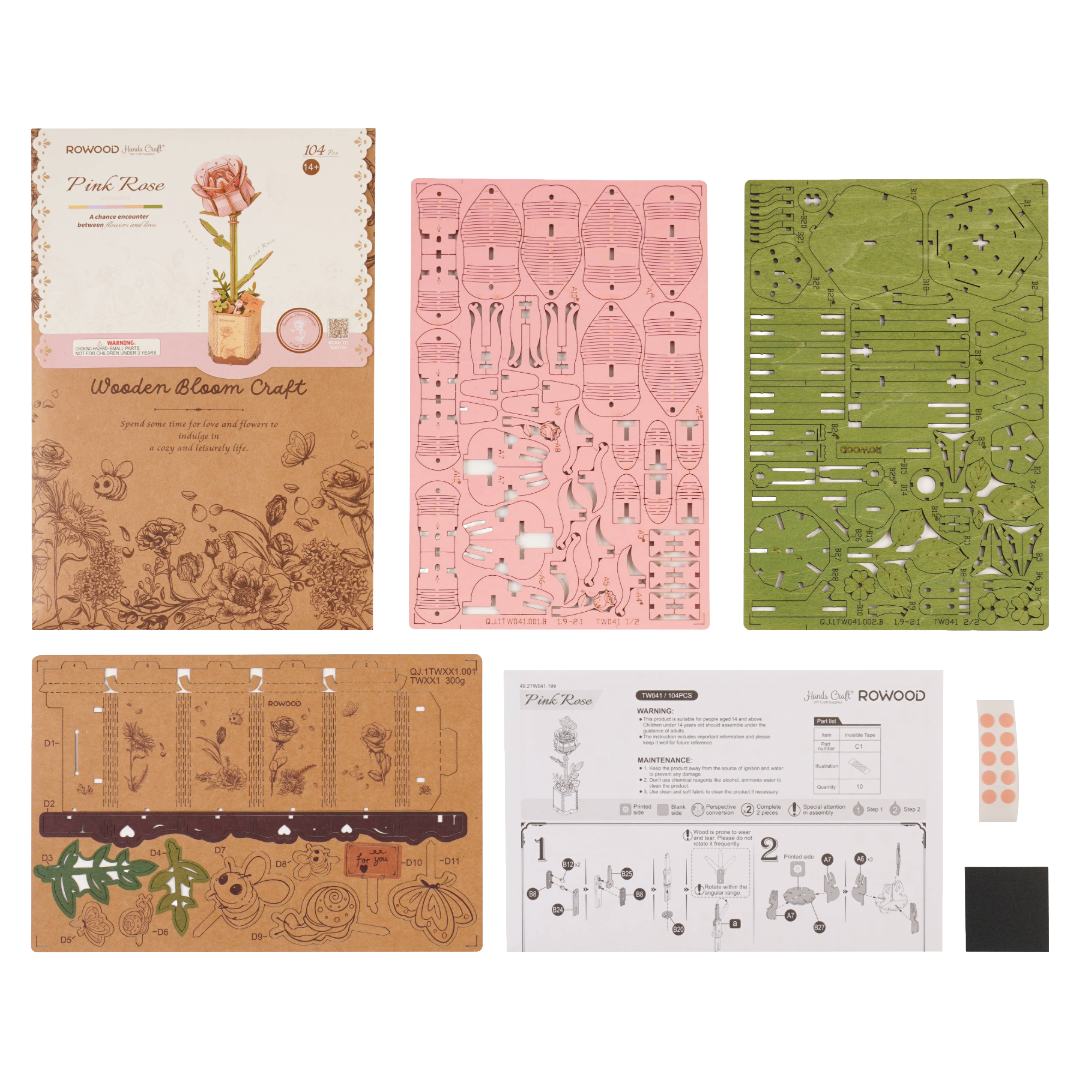 3D Wooden Flower Puzzle: Pink Rose