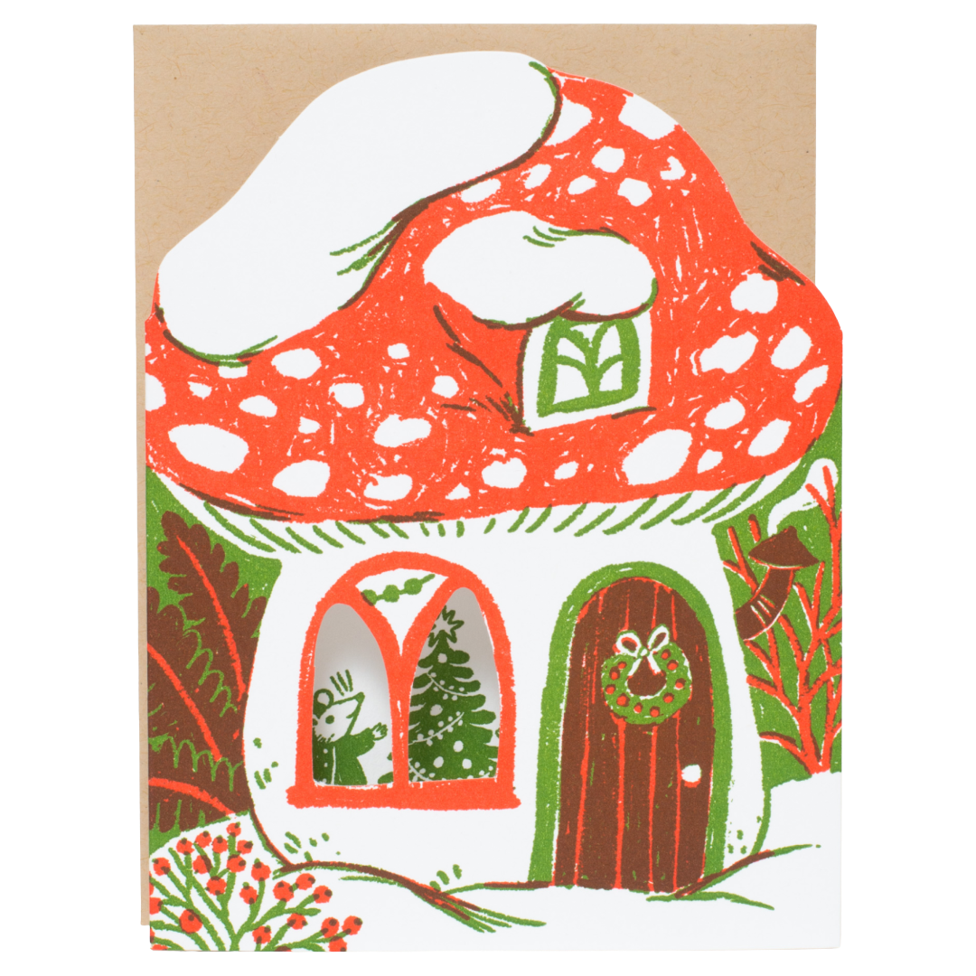 Merry Mushroom House Letterpress Holiday Greeting Card