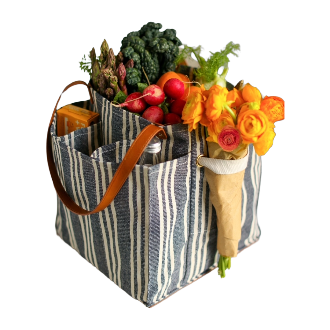 Canvas Market Tote: Blue Striped w/Brown Handles and Base