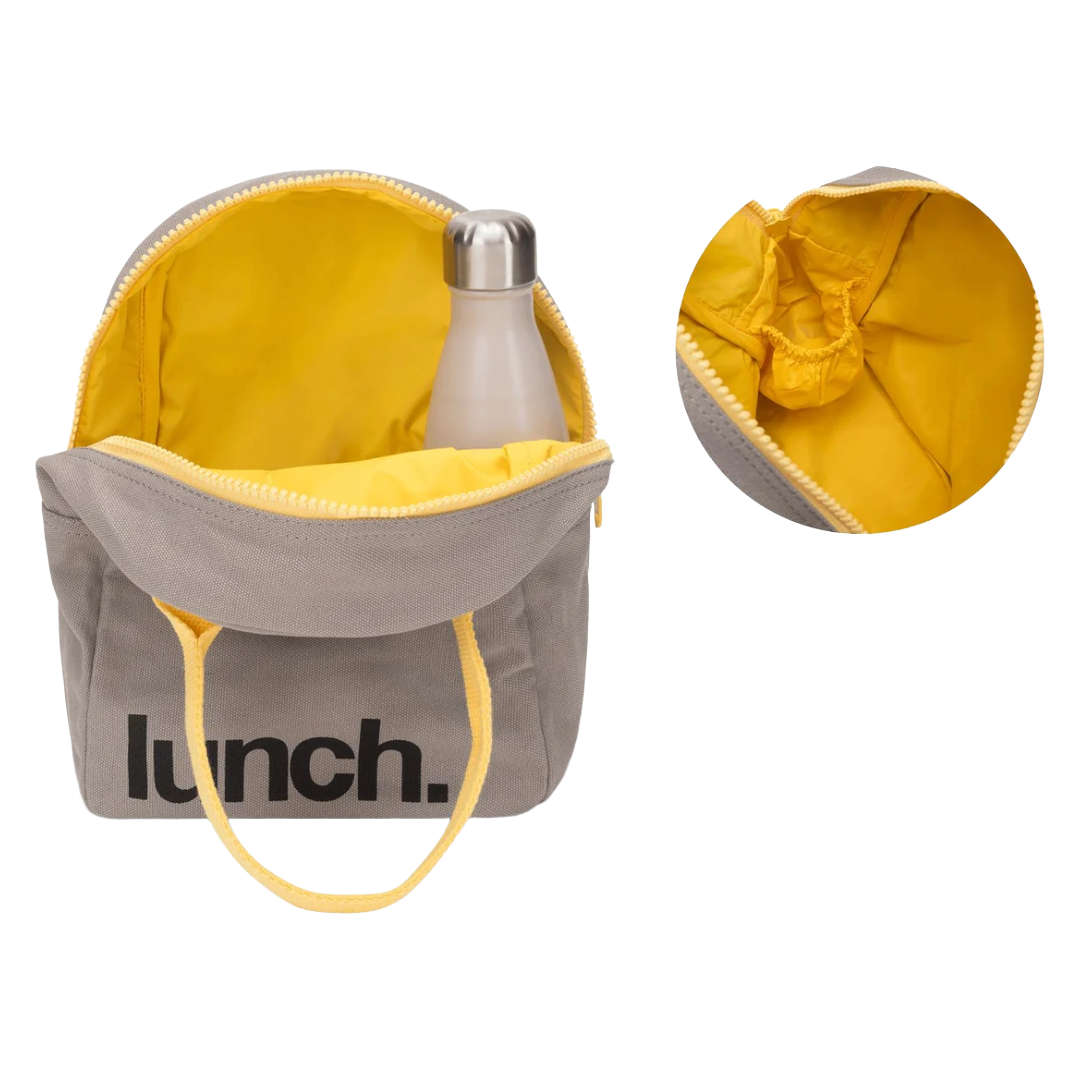 'Lunch' Grey and Yellow Organic Cotton Zipper Lunch Bag