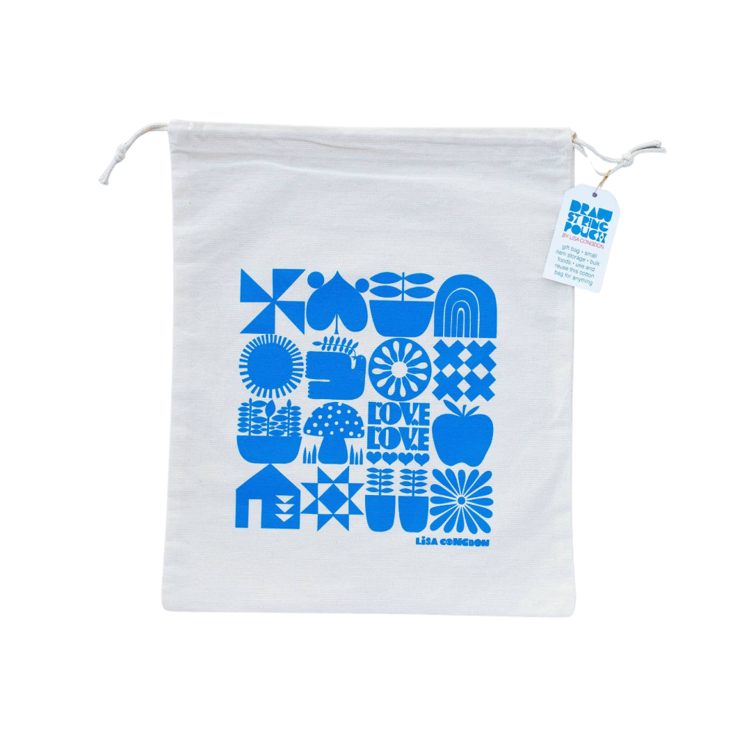 Large Cotton Drawstring Pouch - Blue Grid