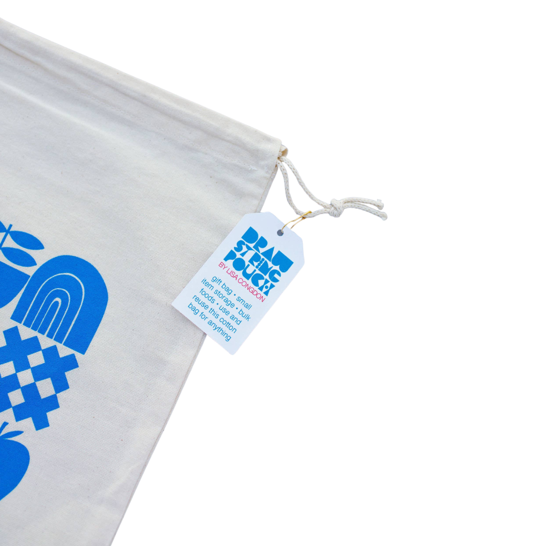 Large Cotton Drawstring Pouch - Blue Grid