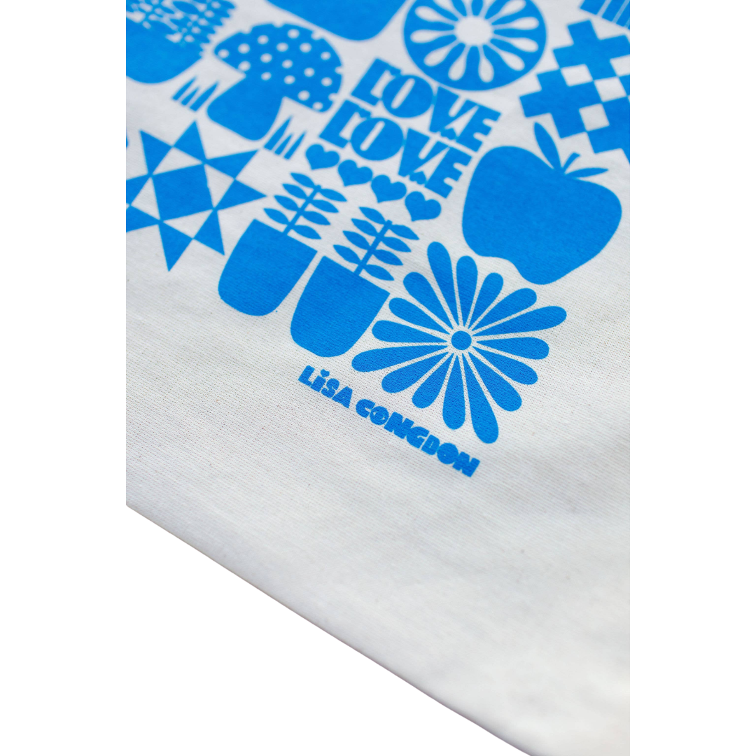Large Cotton Drawstring Pouch - Blue Grid
