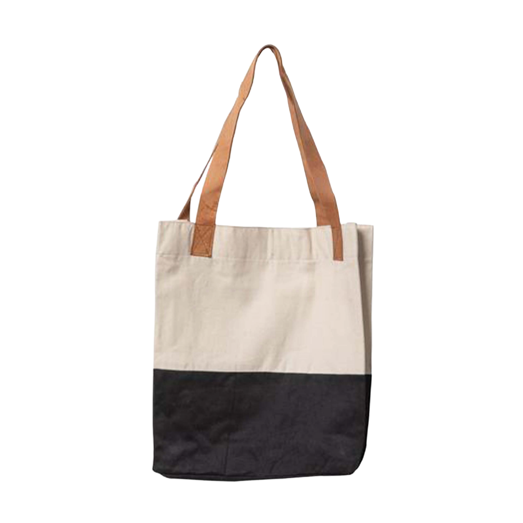 Color Block Canvas Tote with Leather Handle
