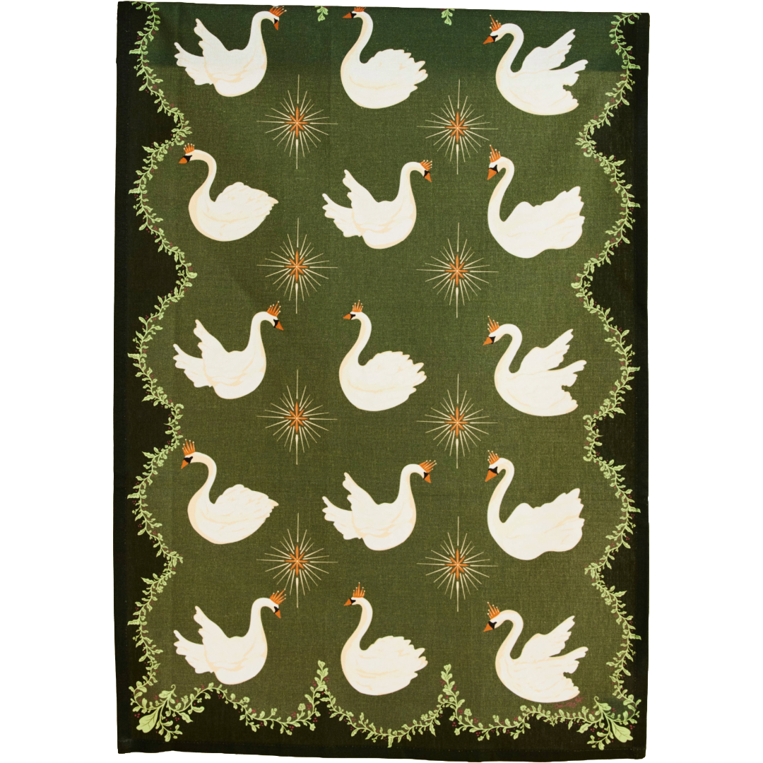 Celestial Swans Green Tea Towel