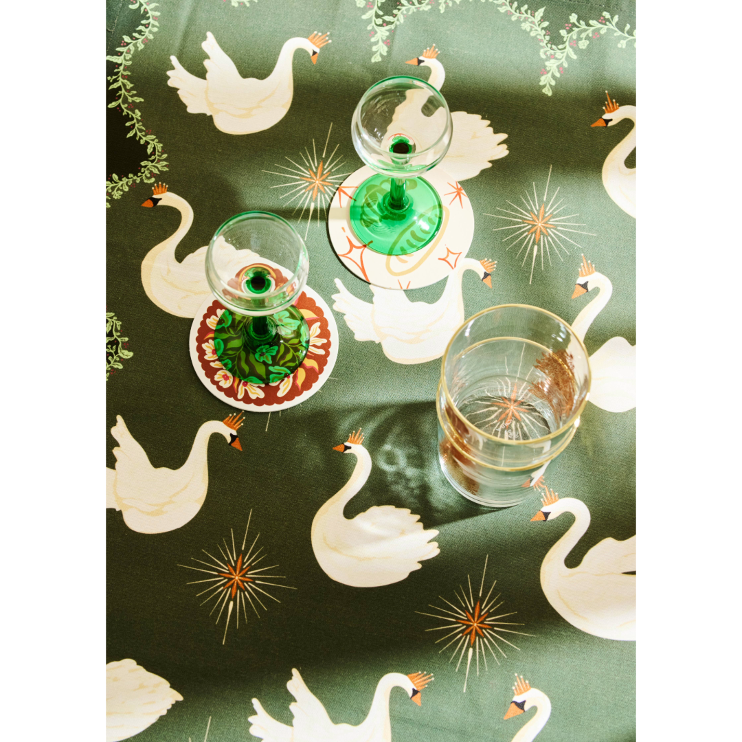 Celestial Swans Green Tea Towel