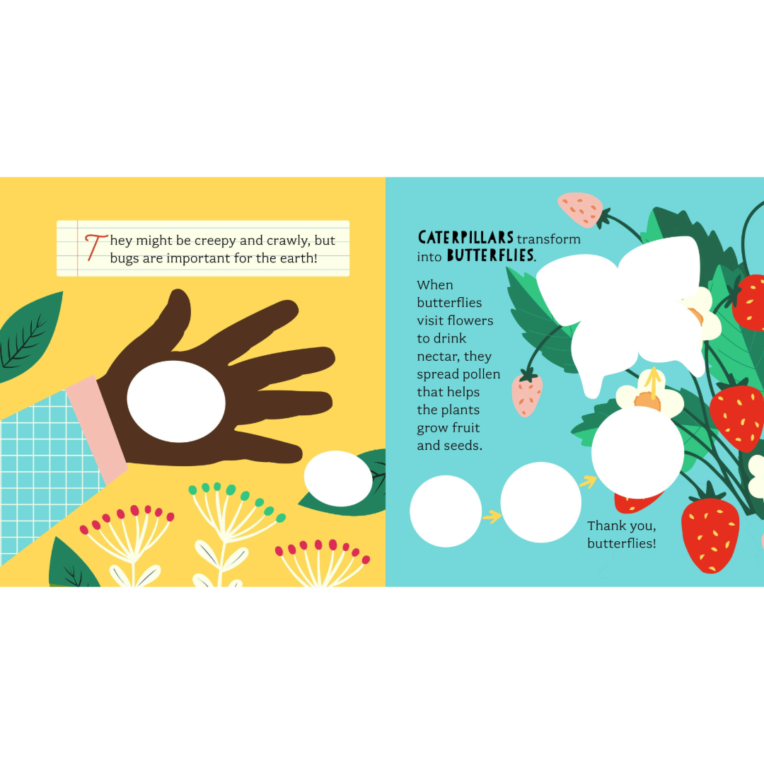 Illustrated book page about caterpillars transforming into butterflies with a hand and nature elements.