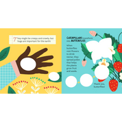 Illustrated book page about caterpillars transforming into butterflies with a hand and nature elements.
