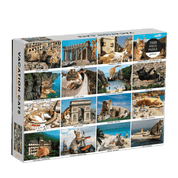Jigsaw puzzle box featuring cats in various travel destinations