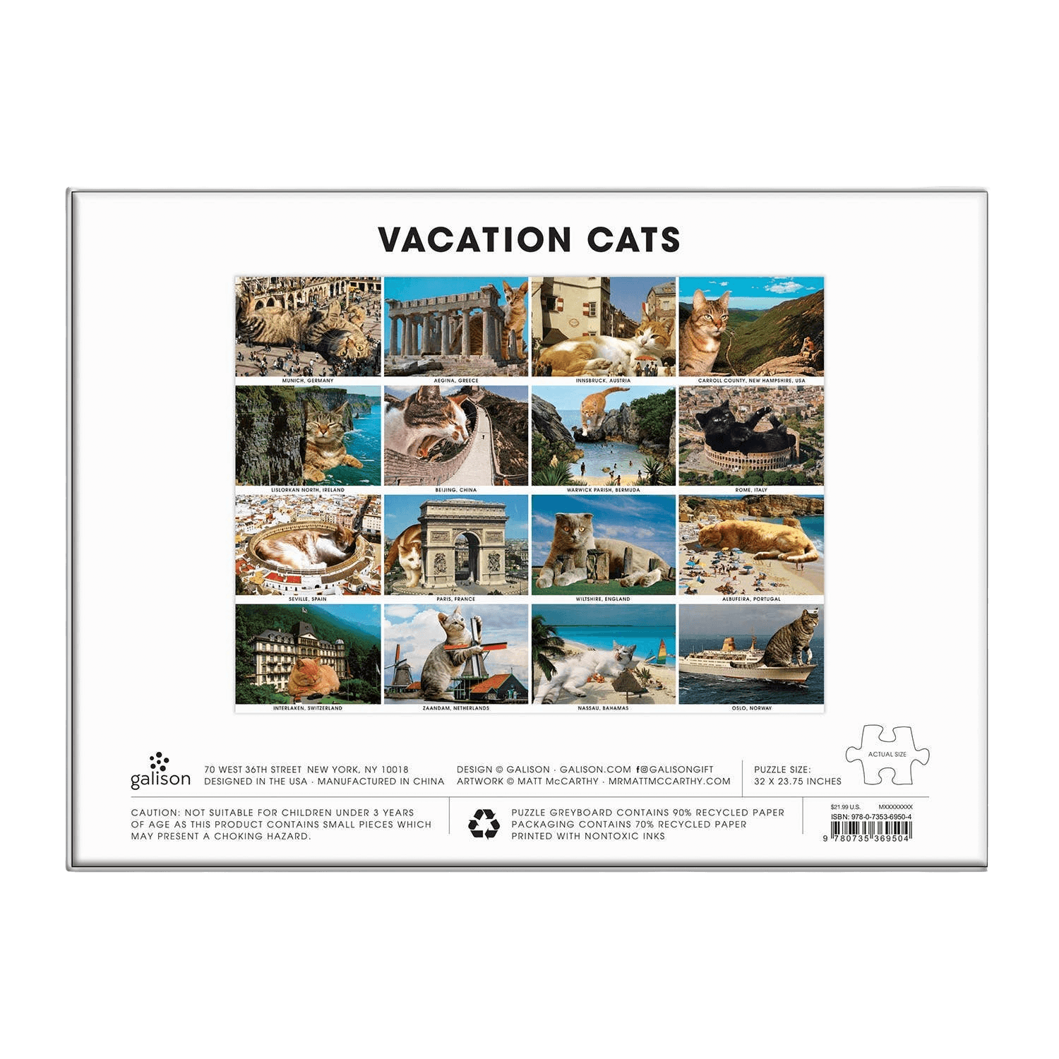 The back side of puzzle packaging for 'Vacation Cats' featuring images of cats in various locations.