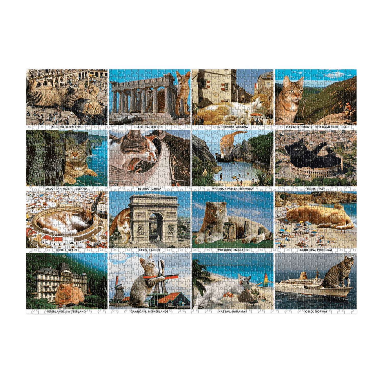 Jigsaw puzzle with cat-themed images of famous landmarks