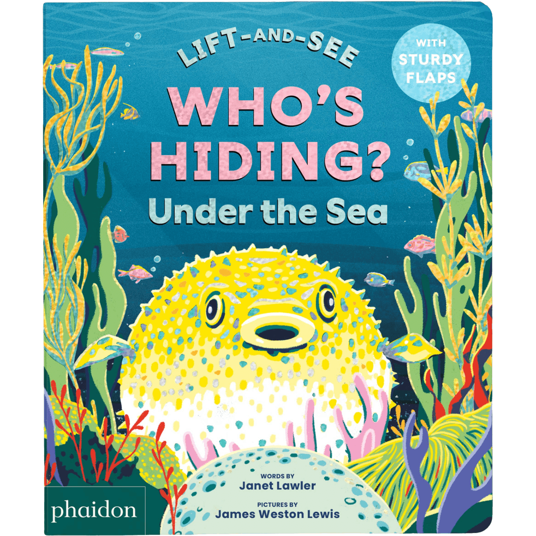 Book cover of 'Who's Hiding? Under the Sea' with a puffer fish illustration and underwater scene.