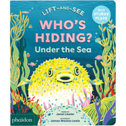 Book cover of 'Who's Hiding? Under the Sea' with a puffer fish illustration and underwater scene.