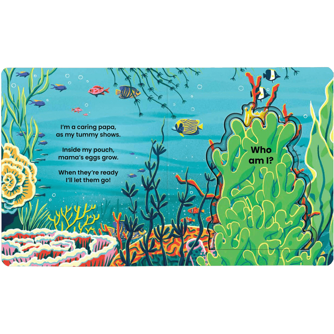 Colorful children's book open with pages displaying an underwater scene.