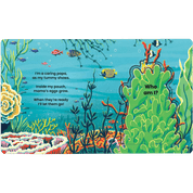 Colorful children's book open with pages displaying an underwater scene.