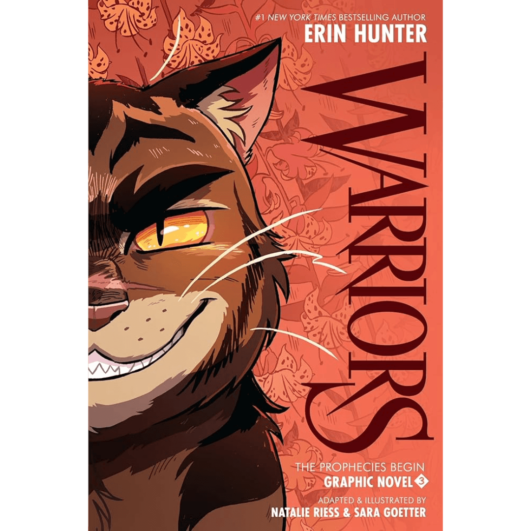 Book cover of 'Warriors' graphic novel with a cat's face on a red background