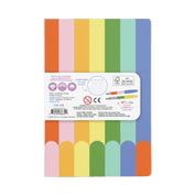 The back of a colorful notebook with stripped design.