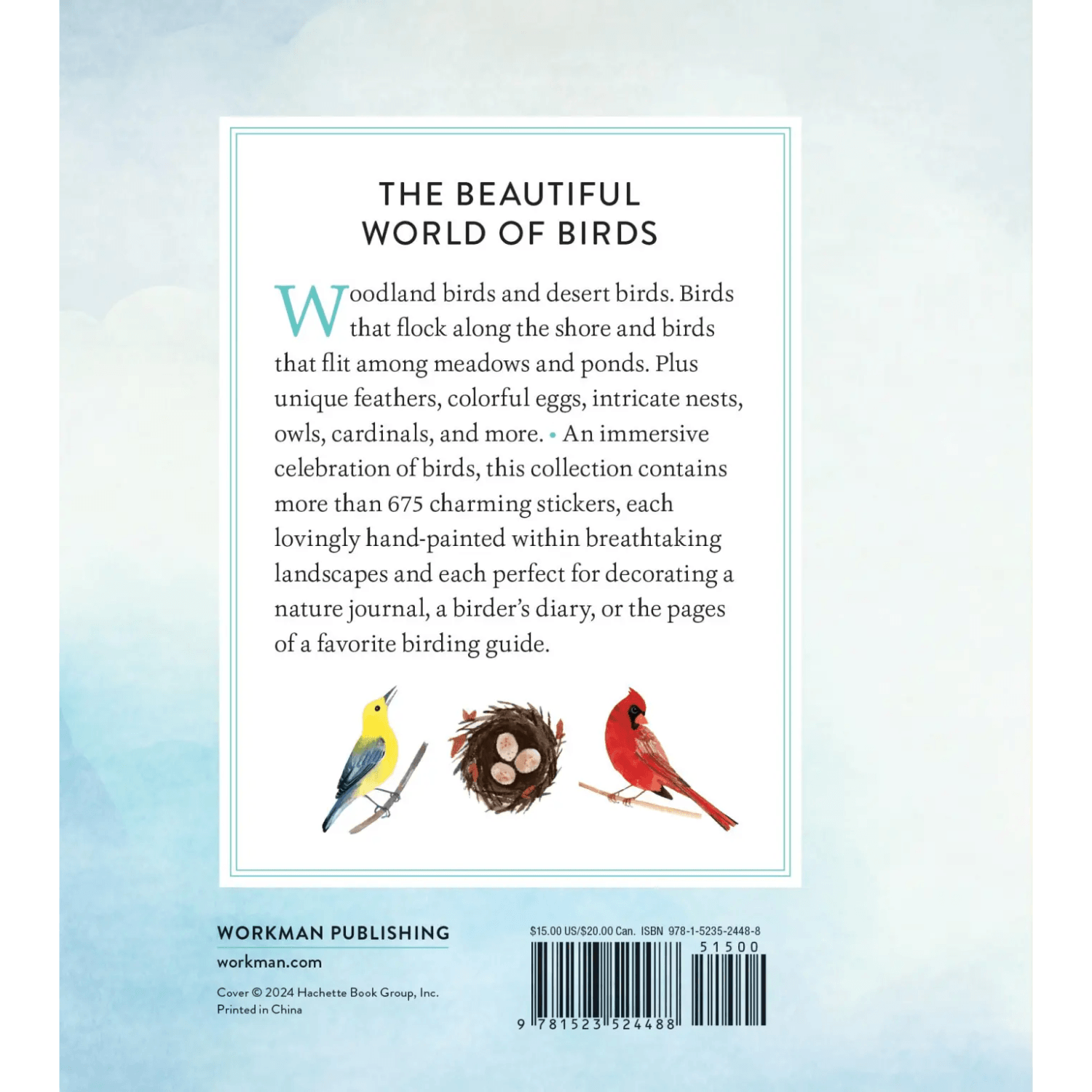 Bookback with text about birds and a bar code, featuring illustrations of birds and a nest.