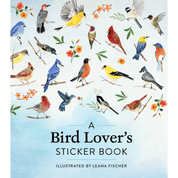 Sticker book cover with illustrations of various birds and flowers, titled 'A Bird Lover's Sticker Book' by Leana Fischer.