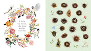 Illustration of a floral wreath with birds and text, alongside various bird nests on a light green background.