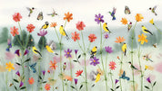 Colorful illustration of birds and flowers with a light green background