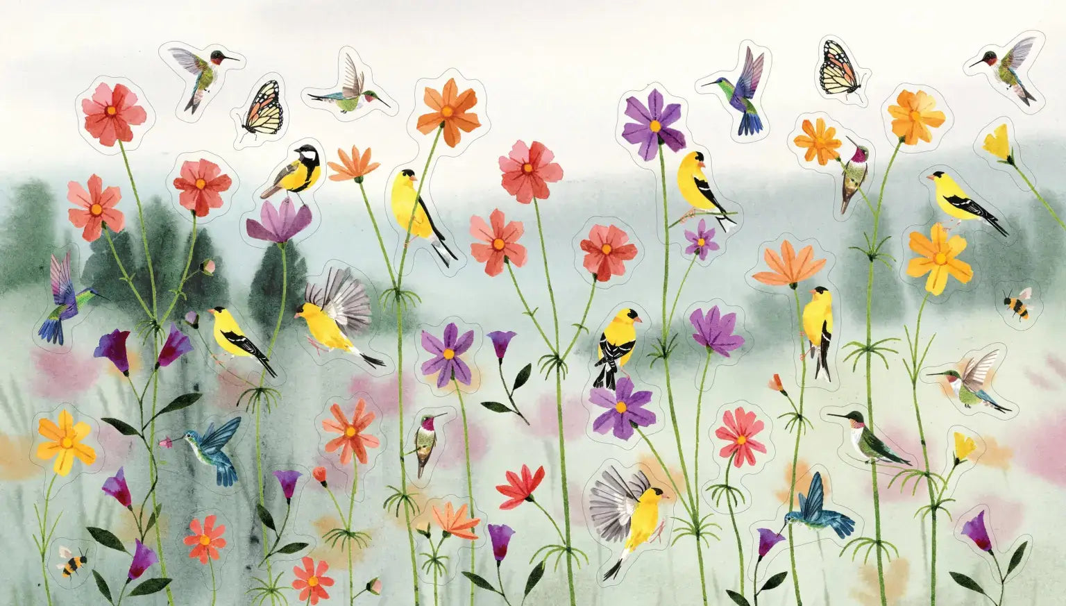 Colorful illustration of birds and flowers with a light green background