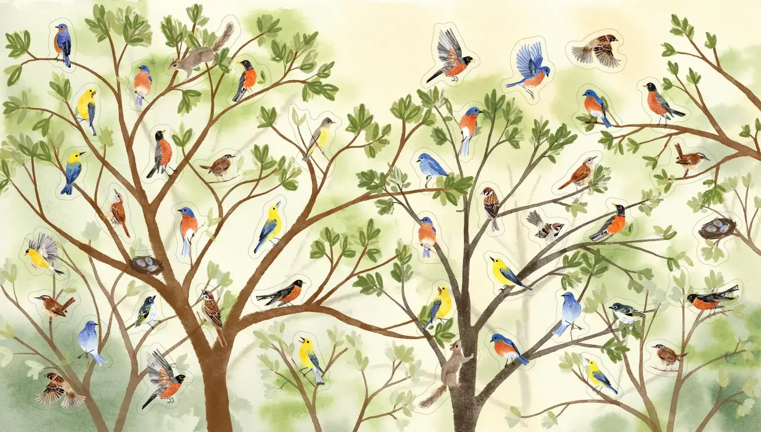 Illustration of various birds perched on a tree with a light green background