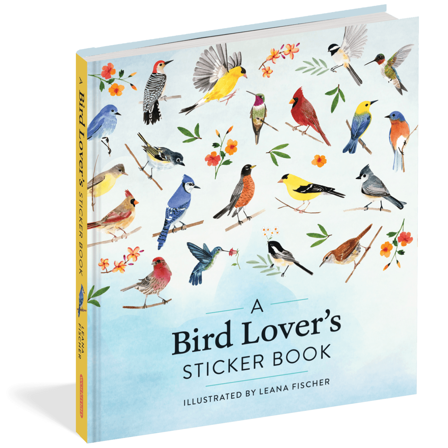 Sticker book cover with illustrations of birds and flowers on a light blue background