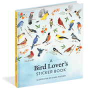 Sticker book cover with illustrations of birds and flowers on a light blue background