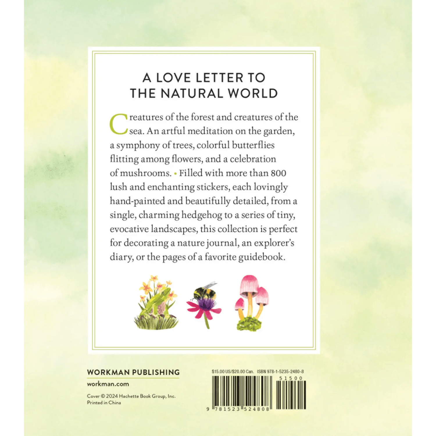 Book back cover with text about nature-themed stickers and illustrations.