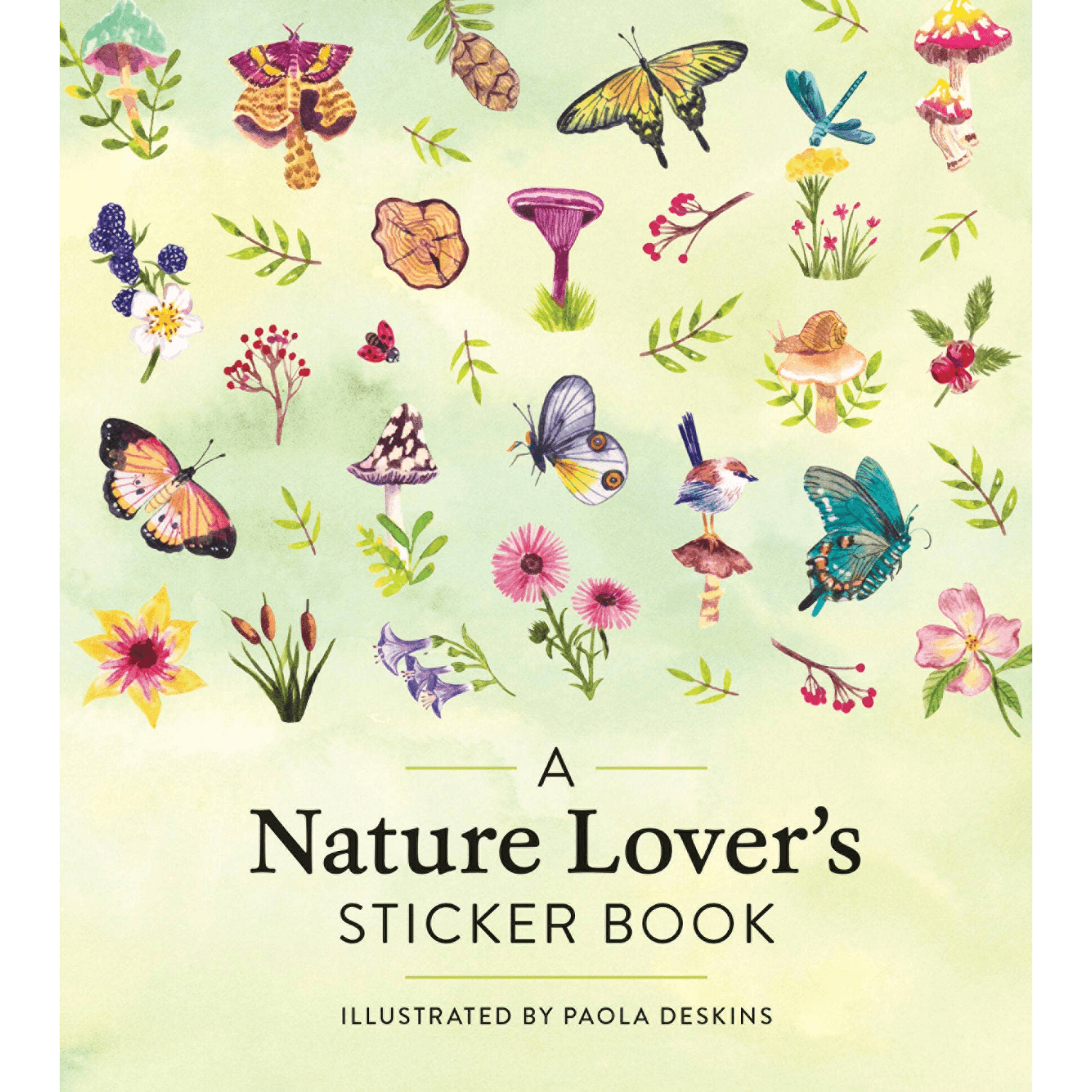 Sticker book cover with illustrations of butterflies, flowers, and mushrooms on a light green background.
