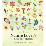 Sticker book cover with illustrations of butterflies, flowers, and mushrooms on a light green background.