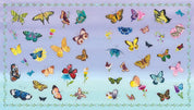 Pattern of colorful butterflies on a blue background