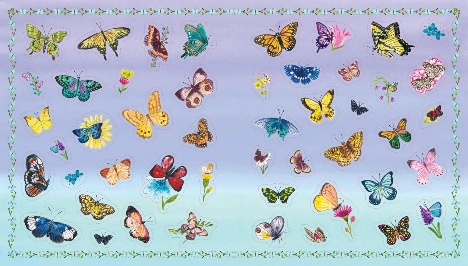 Pattern of colorful butterflies on a blue background