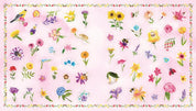 Pattern of colorful flowers and birds on a pink background