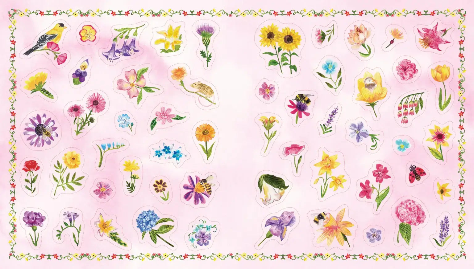 Pattern of colorful flowers and birds on a pink background