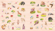 Pattern of small illustrations of animals and nature on a striped background