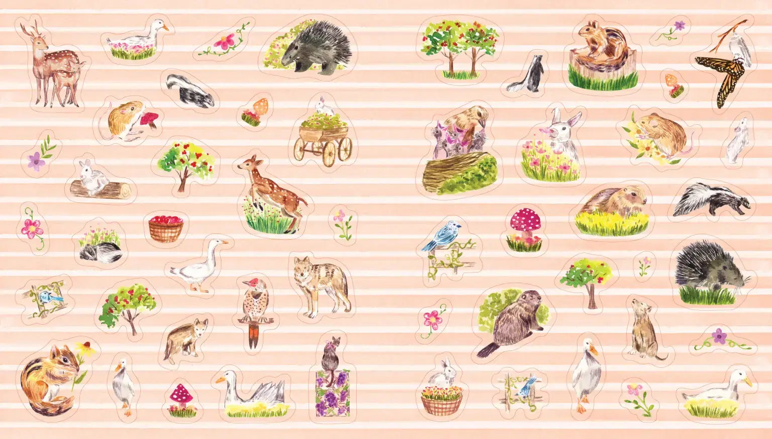 Pattern of small illustrations of animals and nature on a striped background