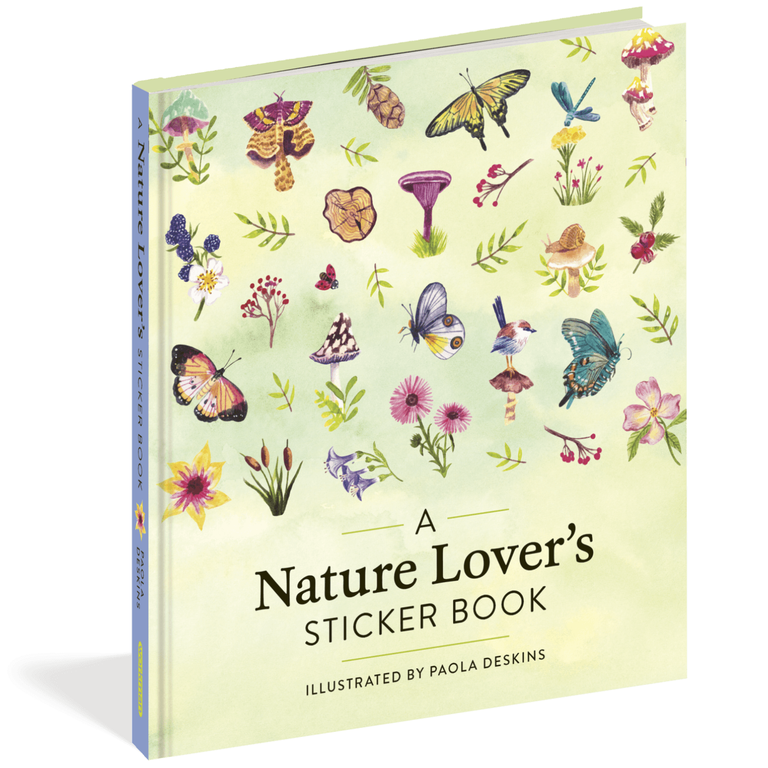 Sticker book cover with illustrations of butterflies and flowers on a light green background