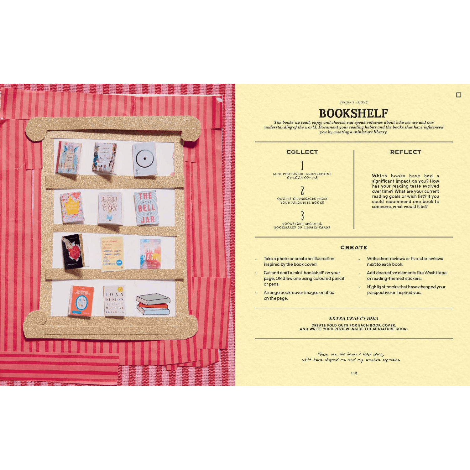Miniature bookshelf with books on a red and white checkered fabric background, next to text instructions.
