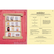 Miniature bookshelf with books on a red and white checkered fabric background, next to text instructions.