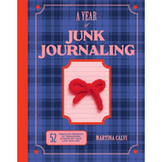 Book cover of 'A Year of Junk Journaling' with a red bow on a blue plaid background