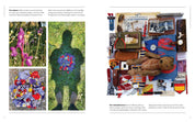 Collage of images including a person with flowers, a teddy bear, and various objects on a wall.