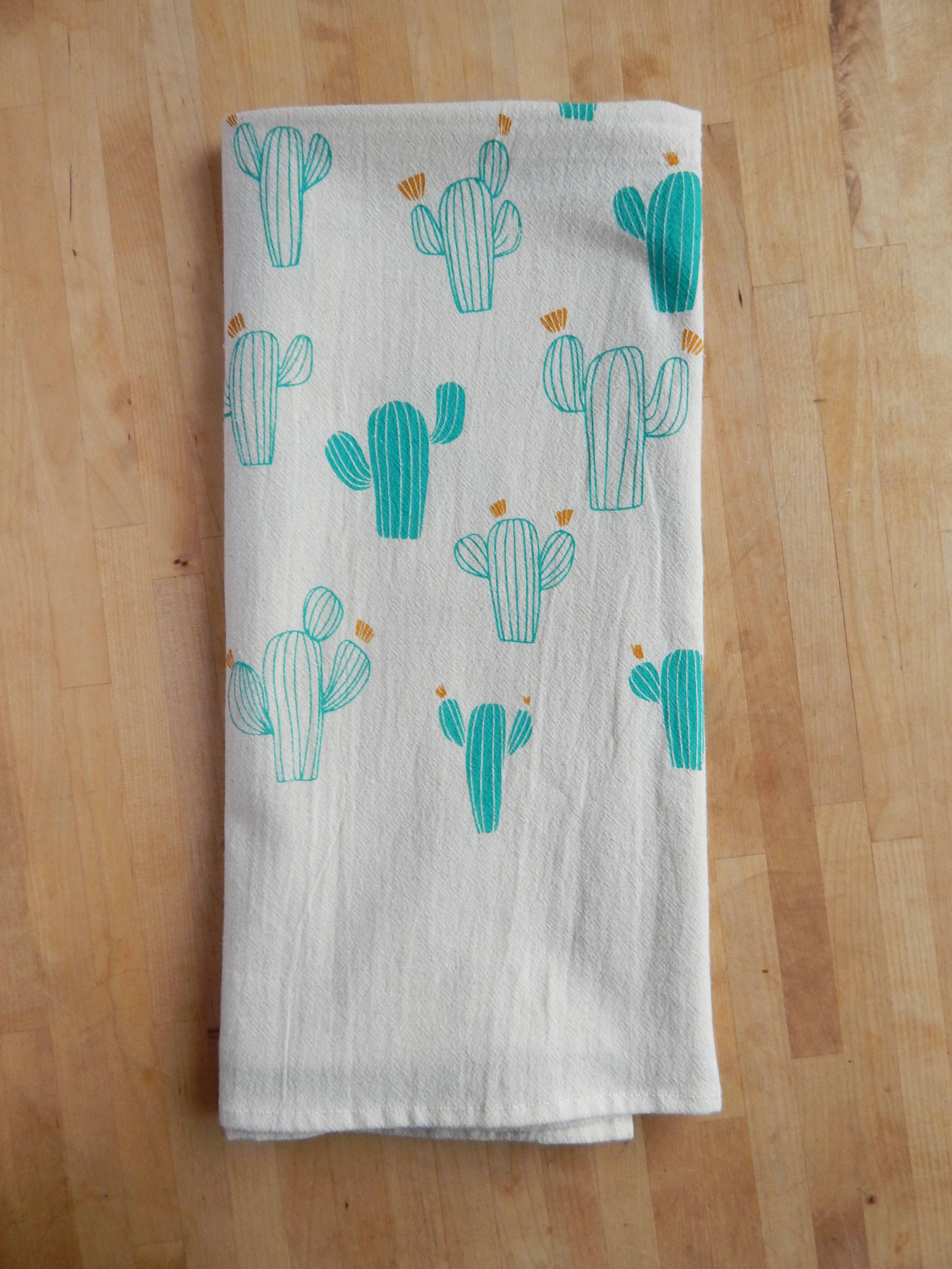 Cacti Towel, Handprinted Cotton Kitchen Towel