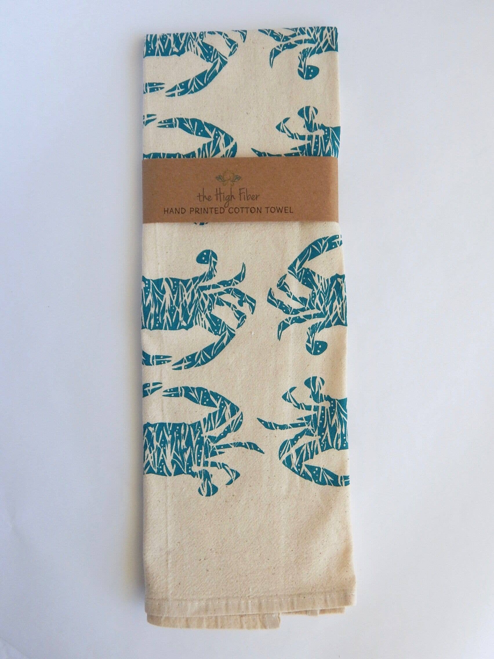 Crab Handprinted Kitchen Towel: Teal Blue